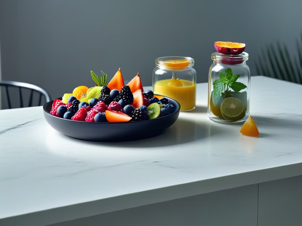  An ultradetailed 8k image of a sleek, modern kitchen countertop adorned with a variety of colorful and exotic ingredients neatly arranged in small bowls and jars. The ingredients include vibrant fruits like berries, citrus slices, and figs, as well as aromatic herbs like mint and lavender. A soft, diffused light illuminates the scene, casting gentle shadows and creating a serene, elegant atmosphere. hyperrealistic, full body, detailed clothing, highly detailed, cinematic lighting, stunningly beautiful, intricate, sharp focus, f/1. 8, 85mm, (centered image composition), (professionally color graded), ((bright soft diffused light)), volumetric fog, trending on instagram, trending on tumblr, HDR 4K, 8K