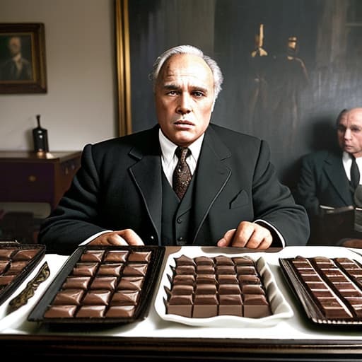  Elderly Marlon Brando, dressed in a black and gray 1940’s dress suit inside a dark office of his mansion. Foreground plates of fine dark chocolates on a table. Background dark office with men holding guns Painting style of Edgar Degas