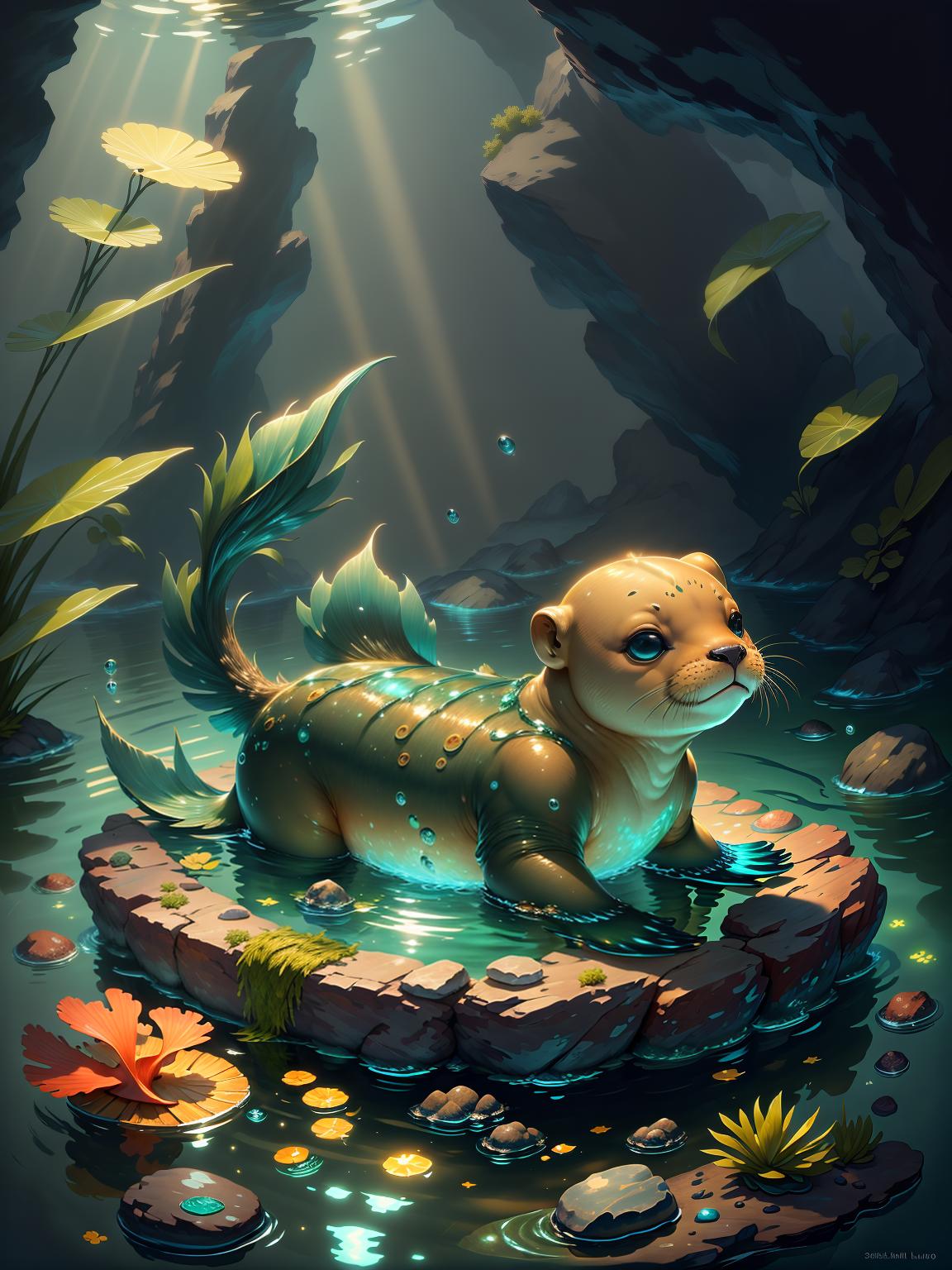  master piece, best quality, ultra detailed, highres, 4k.8k, Sea lion boy., Swimming leisurely in the water., Tranquil., BREAK A serene portrayal of a leisurely sea lion boy swimming gently., Underwater world., Coral, seashells, sunlight, rocks., BREAK Peaceful and serene., Sunlight filtering through the water, creating a tranquil ambiance., magic particles,Cu73Cre4ture,fun00d