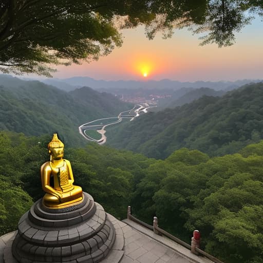  On the viewing platform at the top of the hill stands a 10-meter-high golden Maitreya Buddha statue, facing the city on the plain below. On the hillside beside the Buddha statue, a traditional Chinese temple is hidden by the lush forest. The morning sky is still full of sunset, sprinkling a layer of golden light on the forest, Buddha statue and temple.