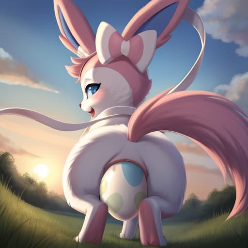  Sylveon, feral, egg in ass, anal oviposition, view from behind,, open eyes, digital art, masterpiece, 4k, fine details,