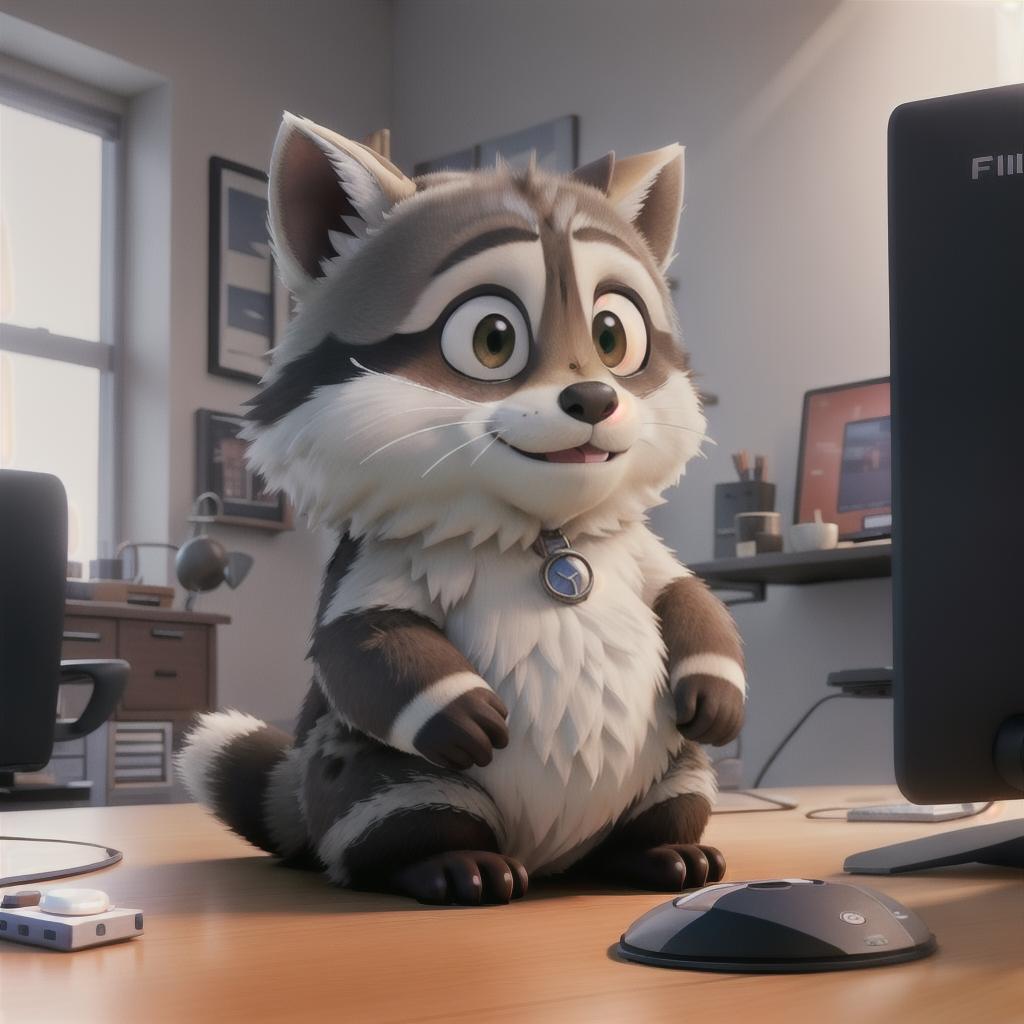  raccoon sitting in gaming chair front a computer on desktop, ((semi anthropomorphic)),(full body), tail, belly, sitting, fat, (chubby), (((white background))), solo, desktop, gaming chair, side view,  [[[clothes]]] hyperrealistic, full body, detailed clothing, highly detailed, cinematic lighting, stunningly beautiful, intricate, sharp focus, f/1. 8, 85mm, (centered image composition), (professionally color graded), ((bright soft diffused light)), volumetric fog, trending on instagram, trending on tumblr, HDR 4K, 8K