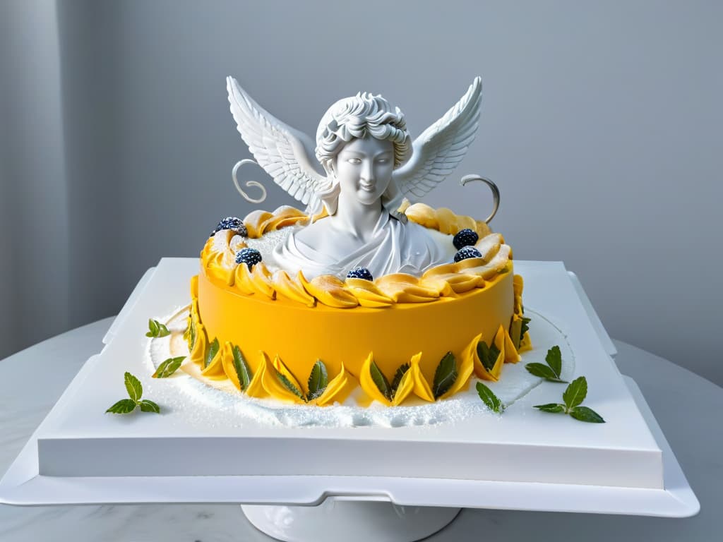  A highresolution image of a sleek, modern dessert platter with elegant and intricate sugar sculptures depicting classic mythological figures like Medusa, Zeus, and Pegasus. The desserts are artfully arranged on a simple, white porcelain platter, showcasing the creativity and skill of the pastry chef in combining traditional myths with innovative culinary techniques. hyperrealistic, full body, detailed clothing, highly detailed, cinematic lighting, stunningly beautiful, intricate, sharp focus, f/1. 8, 85mm, (centered image composition), (professionally color graded), ((bright soft diffused light)), volumetric fog, trending on instagram, trending on tumblr, HDR 4K, 8K