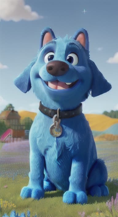  {A happy, big blue dog wagging its tail in a colorful meadow, The big blue dog is large with sky blue fur, big round eyes, a black nose, and floppy ears.