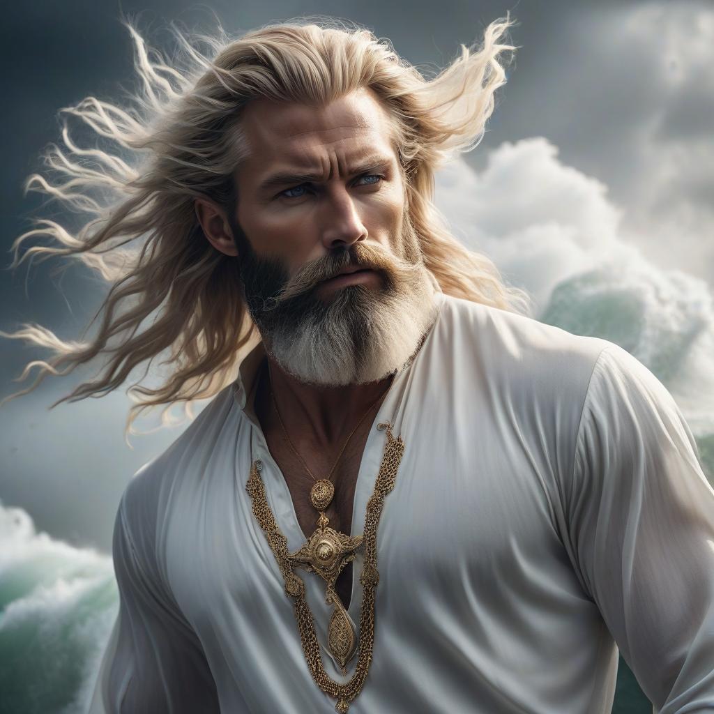  horror themed Elemental of air, spirit of air, man in a white silk tunic, muscular blond, beard, Nordic features, in silver ornaments in the center of the hurricane, hair flutters in the wind, strong wind, mystery, fantasy, retro . eerie, unsettling, dark, spooky, suspenseful, grim, highly detailed hyperrealistic, full body, detailed clothing, highly detailed, cinematic lighting, stunningly beautiful, intricate, sharp focus, f/1. 8, 85mm, (centered image composition), (professionally color graded), ((bright soft diffused light)), volumetric fog, trending on instagram, trending on tumblr, HDR 4K, 8K