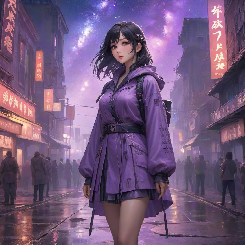  woman standing in front of a purple background, artwork in the style of guweiz, , wrecked technology, the sky has the milky way, anxious steward of a new castle, the diskworld, warmly lit, sidewalk, runic words, toko hyperrealistic, full body, detailed clothing, highly detailed, cinematic lighting, stunningly beautiful, intricate, sharp focus, f/1. 8, 85mm, (centered image composition), (professionally color graded), ((bright soft diffused light)), volumetric fog, trending on instagram, trending on tumblr, HDR 4K, 8K