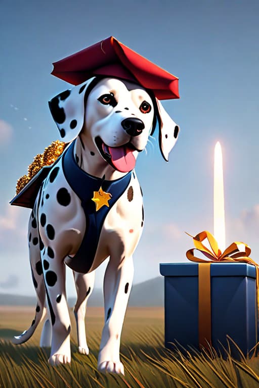  Dalmatian drops gifts from a plane in the sky, 8K hyperrealistic, full body, detailed clothing, highly detailed, cinematic lighting, stunningly beautiful, intricate, sharp focus, f/1. 8, 85mm, (centered image composition), (professionally color graded), ((bright soft diffused light)), volumetric fog, trending on instagram, trending on tumblr, HDR 4K, 8K