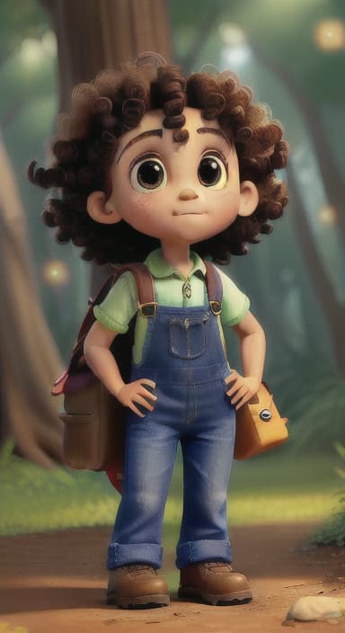  {The tree with a twinkling eye, while its leaves gently rustle., Riley, a curious with big brown eyes and curly hair, wearing overalls and carrying a small backpack. Their friend, Skye, a bluebird with shiny feathers.