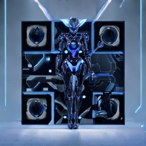  A futuristic robot with sleek metallic body and glowing blue eyes, standing tall in a high tech laboratory, surrounded by holographic screens and advanced machinery. The robot's arms are equipped with precision tools and its head features a sophisticated sensor array. The QR code is seamlessly integrated into the robot's chest, adding a touch of technological elegance.