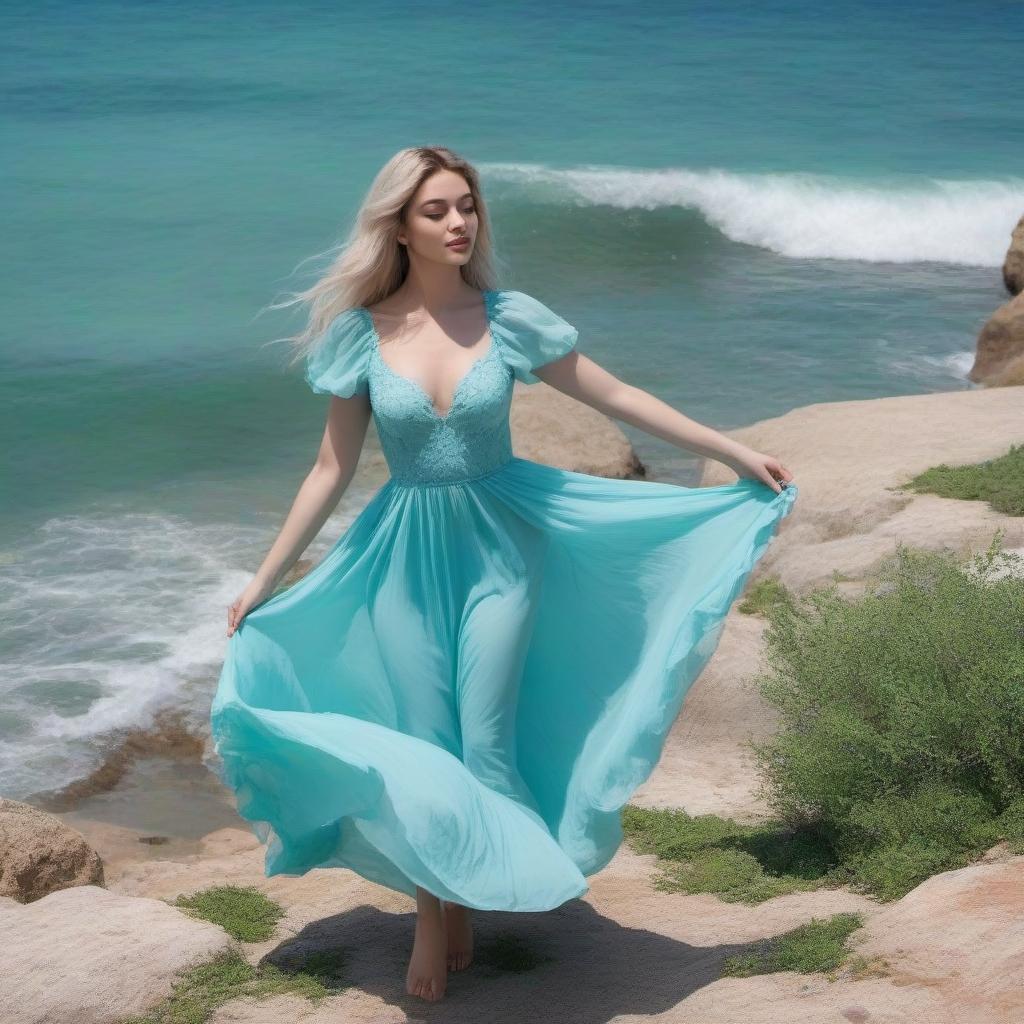  A beautiful tender girl, in a gently blue dress with green stains, her hair flutters, dances in sea penalties.Style art