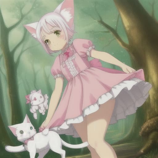  a cute and beautiful stylist White cat ready to beautiful pink dress in the fairy forest