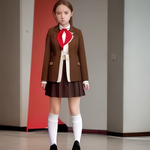  A lady in brown short skirt uniform , white oversize shirt , red and white tie , brown jacket and white socks , black shoe .