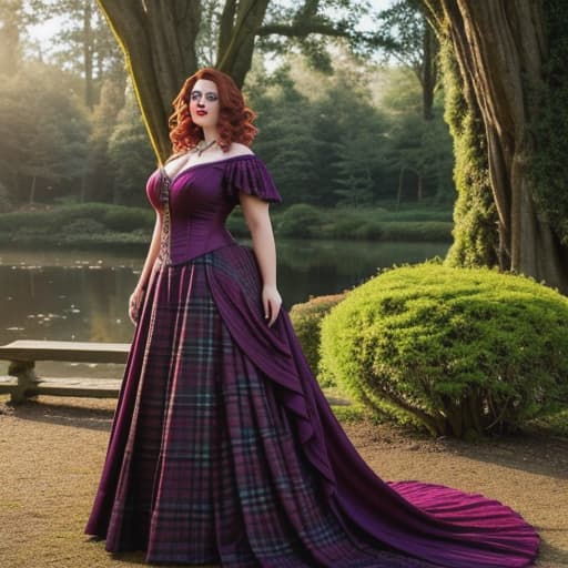  /send image of Amythyst, a woman with voluminous dark red hair in a loose gibson style wearing a purple tartan victorian gown while a picnic blanketIn the midst of a serene park, surrounded by tall trees and overlooking a tranquil pond, sits Amythyst on a plaid blanket. Her body adorned in an enchanting purple tartan Victorian gown that ds elegantly around her curves - falling past her ankles as she takes her seat. The m of fiery red curls cascading down her back has been styled in a loose Gibson bun atop her head, its grandeur accentuated by gold-plated combs nestled within them. Feannag shares this idyllic scene with her - his kilt muscular beneath as he rests beside her. Their hands intertwined, hyperrealistic, full body, detailed clothing, highly detailed, cinematic lighting, stunningly beautiful, intricate, sharp focus, f/1. 8, 85mm, (centered image composition), (professionally color graded), ((bright soft diffused light)), volumetric fog, trending on instagram, trending on tumblr, HDR 4K, 8K