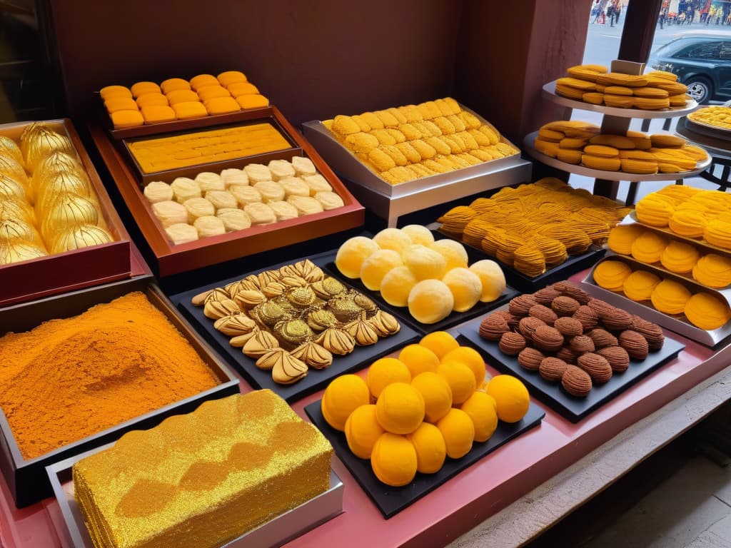  An 8k ultradetailed image of a bustling marketplace in Marrakech, Morocco, showcasing an array of intricately decorated cookies and sweets laid out on vibrant, ornate trays. The scene captures the vibrant colors and textures of the Middle Eastern confectionery, with the backdrop of traditional Moroccan architecture adding to the allure of the image. The closeup shot highlights the exquisite details of the cookies, from delicate icing patterns to shimmering edible gold accents, evoking a sense of rich cultural heritage and culinary artistry. hyperrealistic, full body, detailed clothing, highly detailed, cinematic lighting, stunningly beautiful, intricate, sharp focus, f/1. 8, 85mm, (centered image composition), (professionally color graded), ((bright soft diffused light)), volumetric fog, trending on instagram, trending on tumblr, HDR 4K, 8K