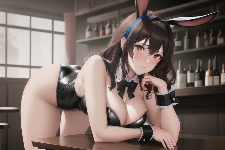  , 1lady, bunny , black leotard, black , fake rabbit ears, red bowtie, white wrist cuffs, clavicle, age, medium hair, brown hair, bare shoulder, bare arms, high heels, BREAK, clothing aside, , from behind, looking at viewer, leaning forward, focus, blush, embarred, wavy mouth, BREAK, detailed bar counter, barstools, drink, deep shadow, BREAK, masterpiece, best quality, high quality, absurdres, ultra detailed, beautiful detailed face, beautiful moist multicolored eyes, all intricate, high resolution, HDR, extremely detailed CG unity 8k wallpaper, nice hands, perfect hands hyperrealistic, full body, detailed clothing, highly detailed, cinematic lighting, stunningly beautiful, intricate, sharp focus, f/1. 8, 85mm, (centered image composition), (professionally color graded), ((bright soft diffused light)), volumetric fog, trending on instagram, trending on tumblr, HDR 4K, 8K