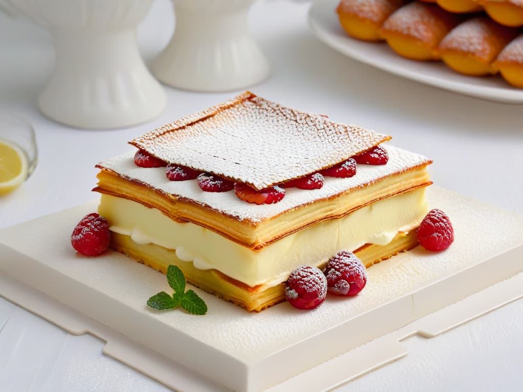  A closeup, highresolution image of a delicate, intricately layered Millefeuille pastry, showcasing its golden, flaky puff pastry and luscious vanilla cream filling. The pastry is garnished with fresh raspberries, mint leaves, and a light dusting of powdered sugar, all set on a pristine white plate against a soft, blurred background reminiscent of a French patisserie. The focus is on the exquisite details of this classic French dessert, inviting viewers to imagine the sweet and indulgent experience of mastering such a creation in an online pastry course. hyperrealistic, full body, detailed clothing, highly detailed, cinematic lighting, stunningly beautiful, intricate, sharp focus, f/1. 8, 85mm, (centered image composition), (professionally color graded), ((bright soft diffused light)), volumetric fog, trending on instagram, trending on tumblr, HDR 4K, 8K