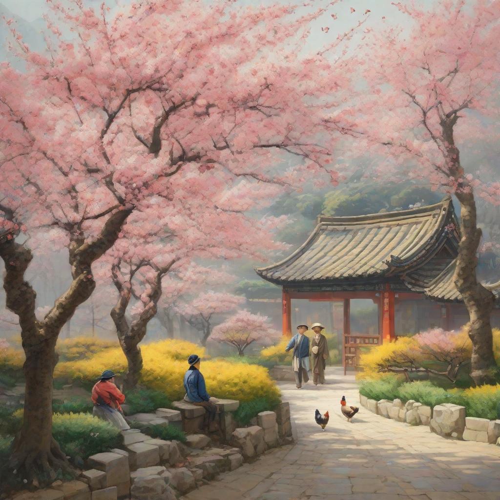  Masterpiece, best quality, masterpiece, 8k resolution, high resolution to generate a picture of the Peach Blossom Garden, Peach Blossom Garden according to the description: The land is flat and spacious, the houses are in a state of order. There are good fields, beautiful ponds, mulberry and bamboo genera. Crossroads traffic, chickens and dogs hear each other. Among them, there are species, men and women dressed, all like outsiders. Yellow hair drooping, and happy. The expression method is similar to "Qianli Jiangshan Painting." Careful composition, the use of high, far-reaching, flat and a variety of composition methods interspersed with the use of ups and downs, rich in a strong sense of rhythm, fascinating. The screen uses scattered pers