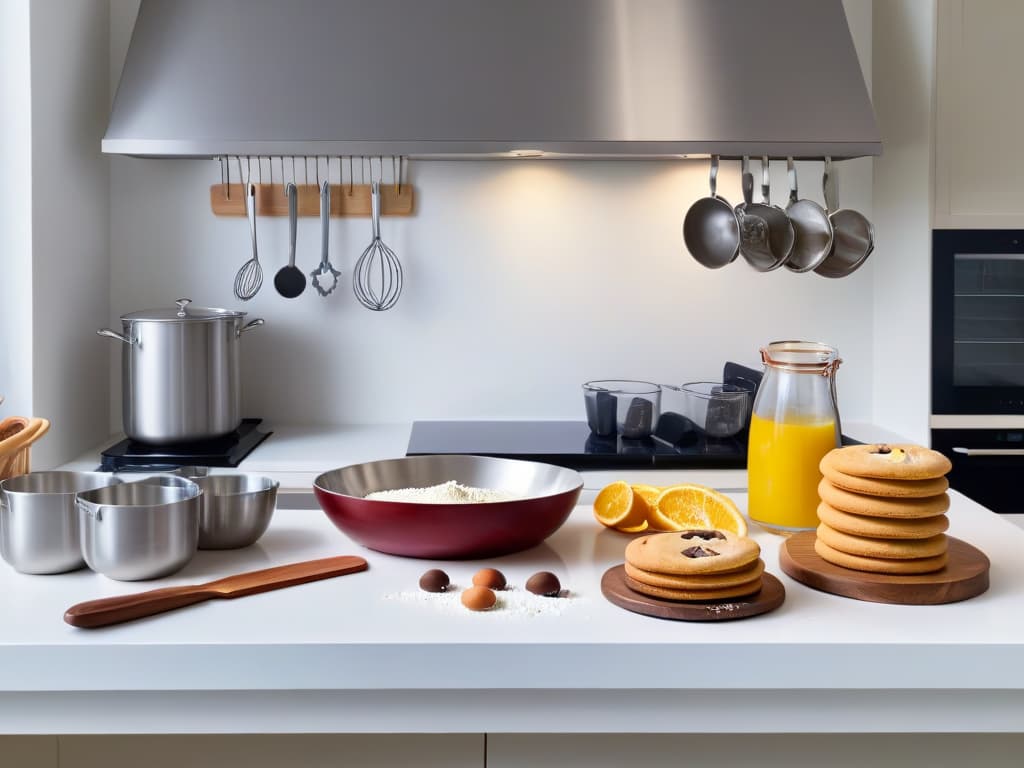  An ultradetailed 8k image of a sleek, modern kitchen countertop adorned with precisely arranged highquality baking utensils such as measuring cups, mixing bowls, a whisk, spatula, rolling pin, piping bags, and cookie cutters. The utensils are gleaming under soft, natural lighting, casting subtle shadows on the pristine white surface, creating a visually satisfying and aspirational scene for budding bakers. hyperrealistic, full body, detailed clothing, highly detailed, cinematic lighting, stunningly beautiful, intricate, sharp focus, f/1. 8, 85mm, (centered image composition), (professionally color graded), ((bright soft diffused light)), volumetric fog, trending on instagram, trending on tumblr, HDR 4K, 8K