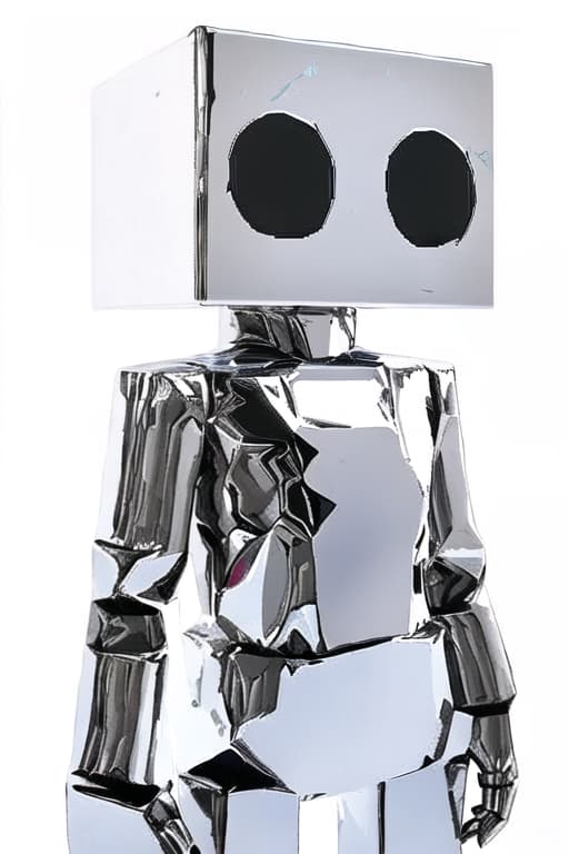  **can you generate a image of a silver chrome cube head, human-like character with two black ovels for eyes, with no facial features, standing straight, wearing knights armor, full body, white background, macro photography, glitchy illustration, shiny, glitchy, Japanese comic book cutout --ar 9:16