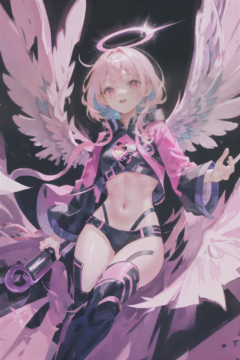  master piece , best quality,Pink hair, male, fallen angel, reaper, cherry wings, dark hero