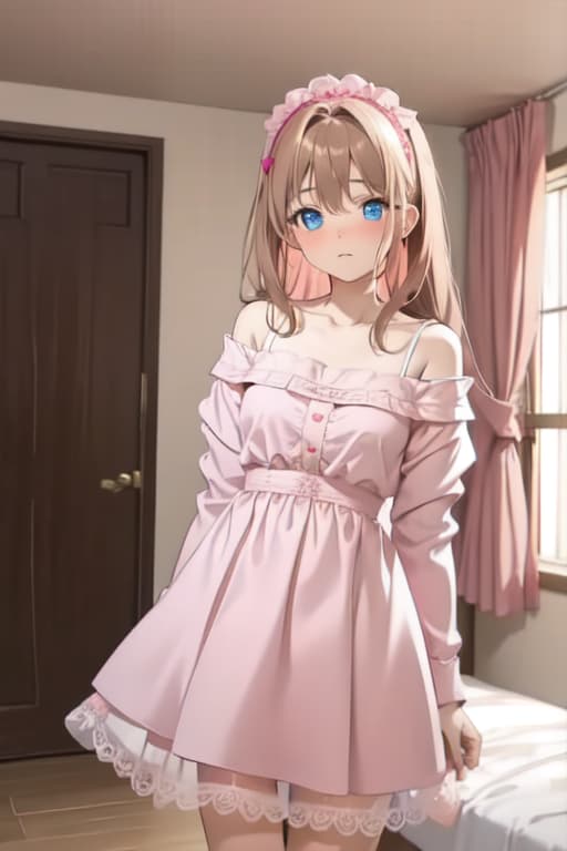  A old is standing in her bedroom wearing a white camisole and with pink lace trim. Her bedroom is decorated white, lilac, and pink with a y bed and wardrobe. She has brown hair and blue eyes. She is blushing and has an embarred expression.