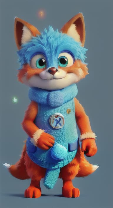  {Error the fox pressing the blue button with his paw, looking puzzled as nothing occurs., Error is a small, bright orange fox with a fluffy tail and big, inquisitive eyes. He has a mischievous yet kind expression and wears a tiny green scarf.