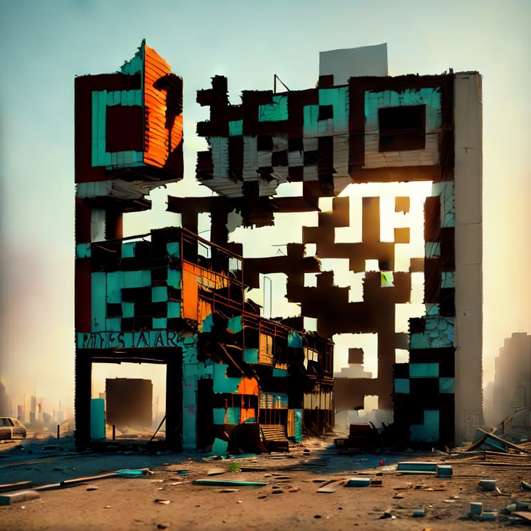  Post apocalyptic city ruins, close up of a destroyed building with graffiti and debris, raw photo style, 3D letters &quot;SCAN IT&quot; in bold, atmospheric lighting with a hazy orange glow, advanced detail processing. 3d render, octane, ultra detailed, masterpiece, 8k, high resolution image, ((sharp focus:1.2)),((high contrast:1.2)), best quality,