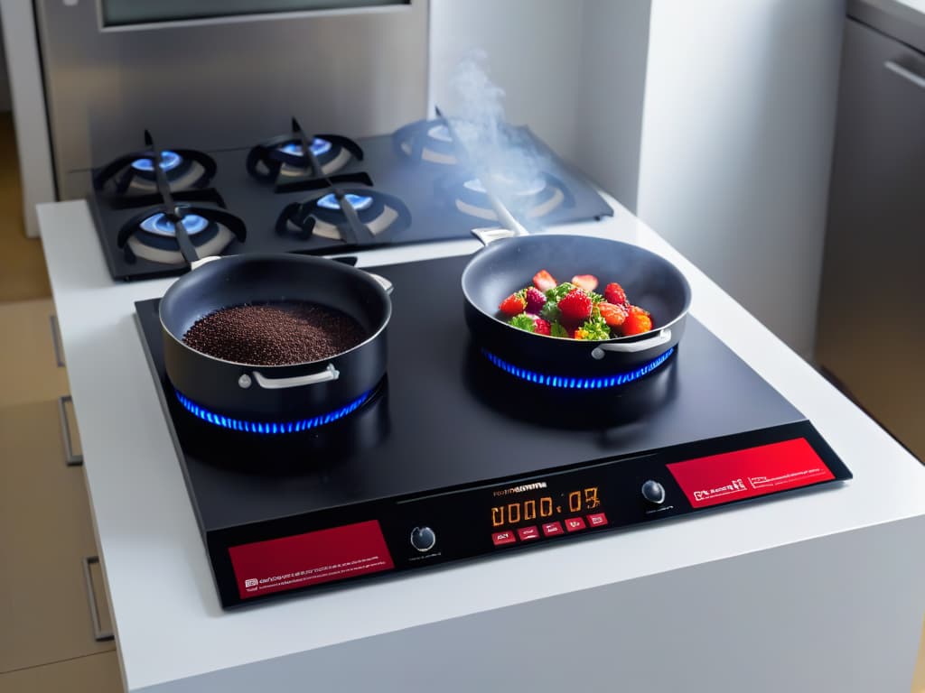  An ultradetailed closeup image of a sleek, modern induction stove in a pristine kitchen setting. The stove is adorned with various pots and pans, each containing vibrant ingredients like fresh berries, rich chocolate, and fluffy flour. The focus is on the precision and elegance of the induction stove, highlighting its potential to elevate the art of baking and pastrymaking. hyperrealistic, full body, detailed clothing, highly detailed, cinematic lighting, stunningly beautiful, intricate, sharp focus, f/1. 8, 85mm, (centered image composition), (professionally color graded), ((bright soft diffused light)), volumetric fog, trending on instagram, trending on tumblr, HDR 4K, 8K