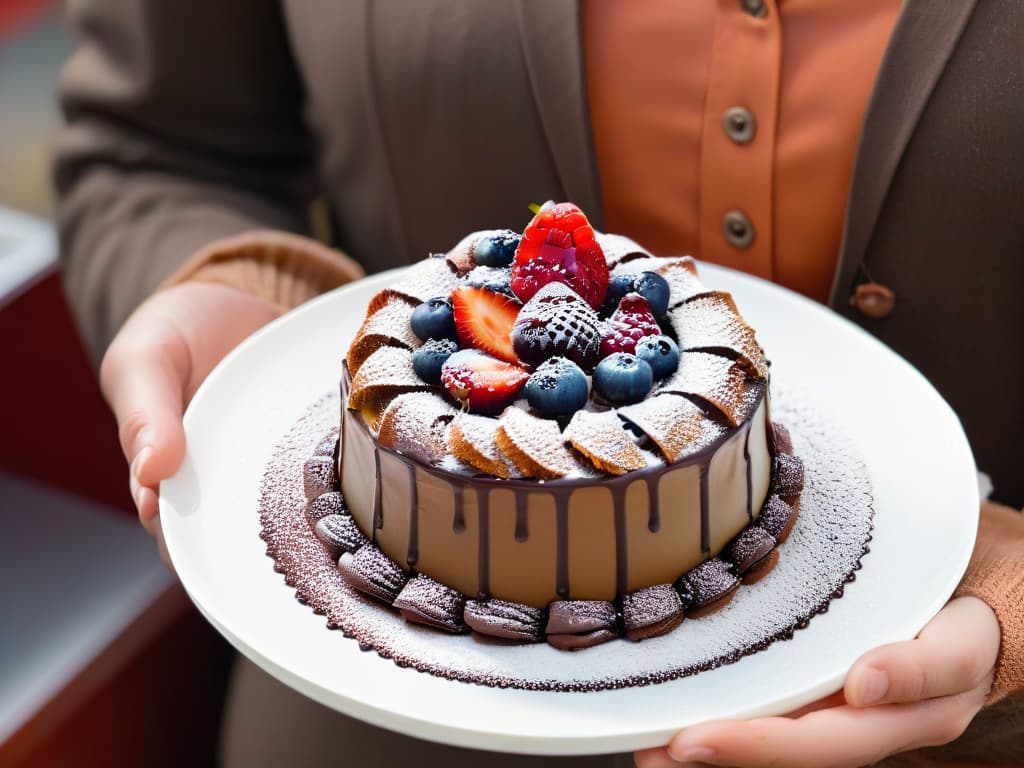  A closeup, highresolution image of a pair of hands delicately holding a perfectly crafted, intricately designed pastry on a simple, elegant white plate. The pastry is adorned with vibrant, fresh fruits and drizzled with glossy chocolate, showcasing the artistry and attention to detail in fair trade baking. The background is softly blurred to keep the focus on the exquisite dessert, highlighting the beauty and craftsmanship involved in fair trade pastry making. hyperrealistic, full body, detailed clothing, highly detailed, cinematic lighting, stunningly beautiful, intricate, sharp focus, f/1. 8, 85mm, (centered image composition), (professionally color graded), ((bright soft diffused light)), volumetric fog, trending on instagram, trending on tumblr, HDR 4K, 8K