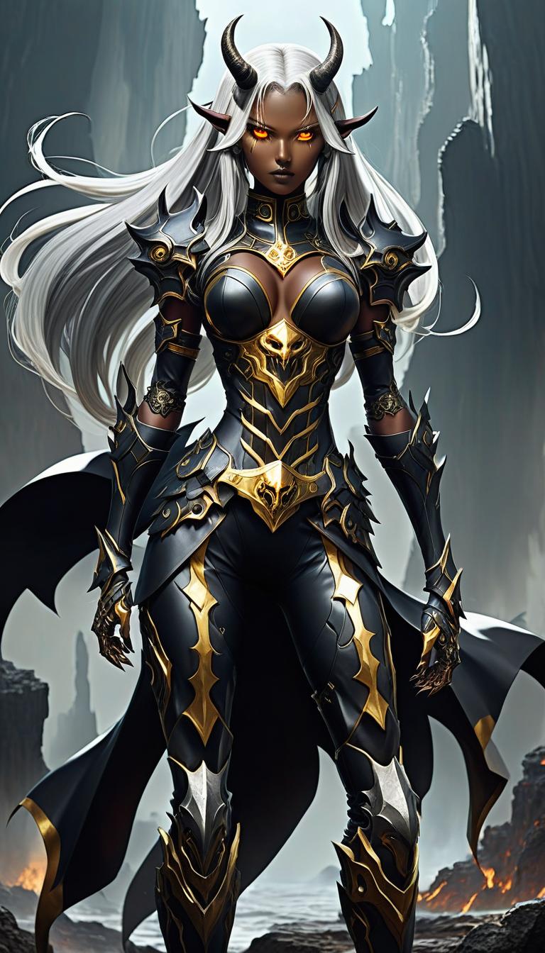  concept art ((in detail)), ((masterpiece)), ((best quality)), ((Magnificent)), Breathtaking, Amazing, Anime, <full body> of a demonic creature who was born in the abyss of hell, a short and beautiful girl ((full height)), with brown skin, long silver hair, stern gaze of golden eyes with vertical pupils, wears jet black open armor and helmet, half boots, long spear, moonlight, Night glow, . digital artwork, illustrative, painterly, matte painting, highly detailed hyperrealistic, full body, detailed clothing, highly detailed, cinematic lighting, stunningly beautiful, intricate, sharp focus, f/1. 8, 85mm, (centered image composition), (professionally color graded), ((bright soft diffused light)), volumetric fog, trending on instagram, trending on tumblr, HDR 4K, 8K