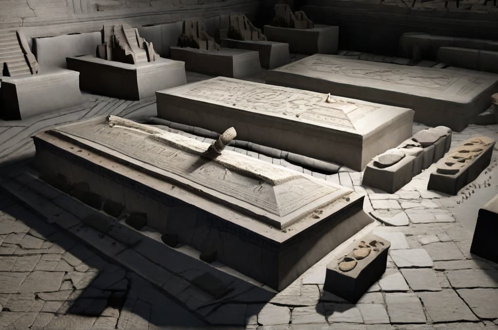  Add objects including archaeological tools and artifact fragments on top of the longest sarcophagus in the foreground.