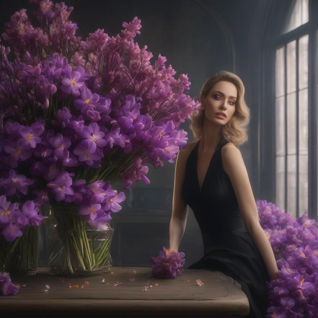  Sad beauty in a black dress with a bouquet of crocuses 1990s. hyperrealistic, full body, detailed clothing, highly detailed, cinematic lighting, stunningly beautiful, intricate, sharp focus, f/1. 8, 85mm, (centered image composition), (professionally color graded), ((bright soft diffused light)), volumetric fog, trending on instagram, trending on tumblr, HDR 4K, 8K