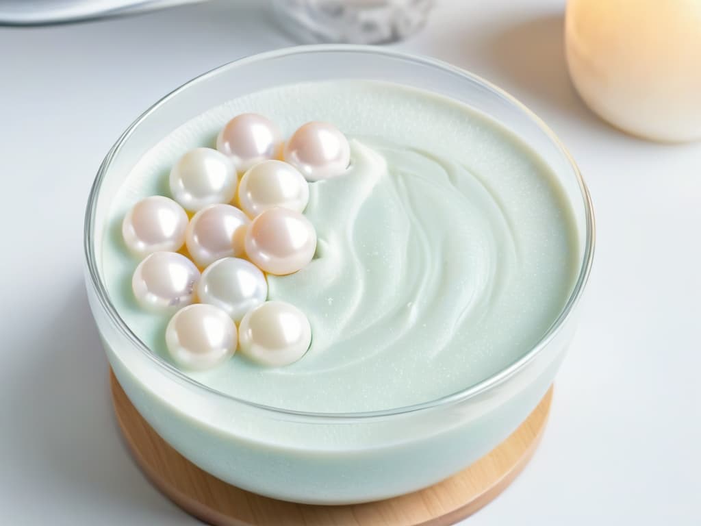  An ultradetailed image of a delicate, intricate Tapioca pearl slowly submerging into a creamy, luscious coconut milk mixture in a transparent glass bowl. The tapioca pearl is perfectly spherical, with a smooth, translucent exterior that glistens under the soft, warm lighting. The coconut milk is velvety and rich, swirling around the tapioca pearl in elegant, mesmerizing patterns. The background is a subtle blur, focusing all attention on the mesmerizing textures and colors of the tapioca dessert. hyperrealistic, full body, detailed clothing, highly detailed, cinematic lighting, stunningly beautiful, intricate, sharp focus, f/1. 8, 85mm, (centered image composition), (professionally color graded), ((bright soft diffused light)), volumetric fog, trending on instagram, trending on tumblr, HDR 4K, 8K