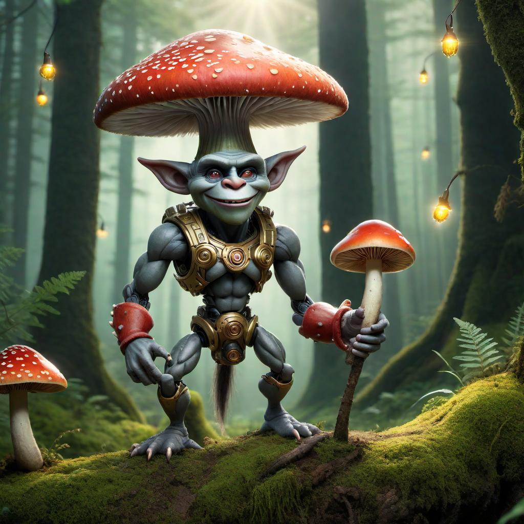  A troll with a crown flexing a robotic arm while holding a mushroom. The troll has a mischievous grin on its face, and the background is a mystical forest with glowing mushrooms and fireflies. hyperrealistic, full body, detailed clothing, highly detailed, cinematic lighting, stunningly beautiful, intricate, sharp focus, f/1. 8, 85mm, (centered image composition), (professionally color graded), ((bright soft diffused light)), volumetric fog, trending on instagram, trending on tumblr, HDR 4K, 8K