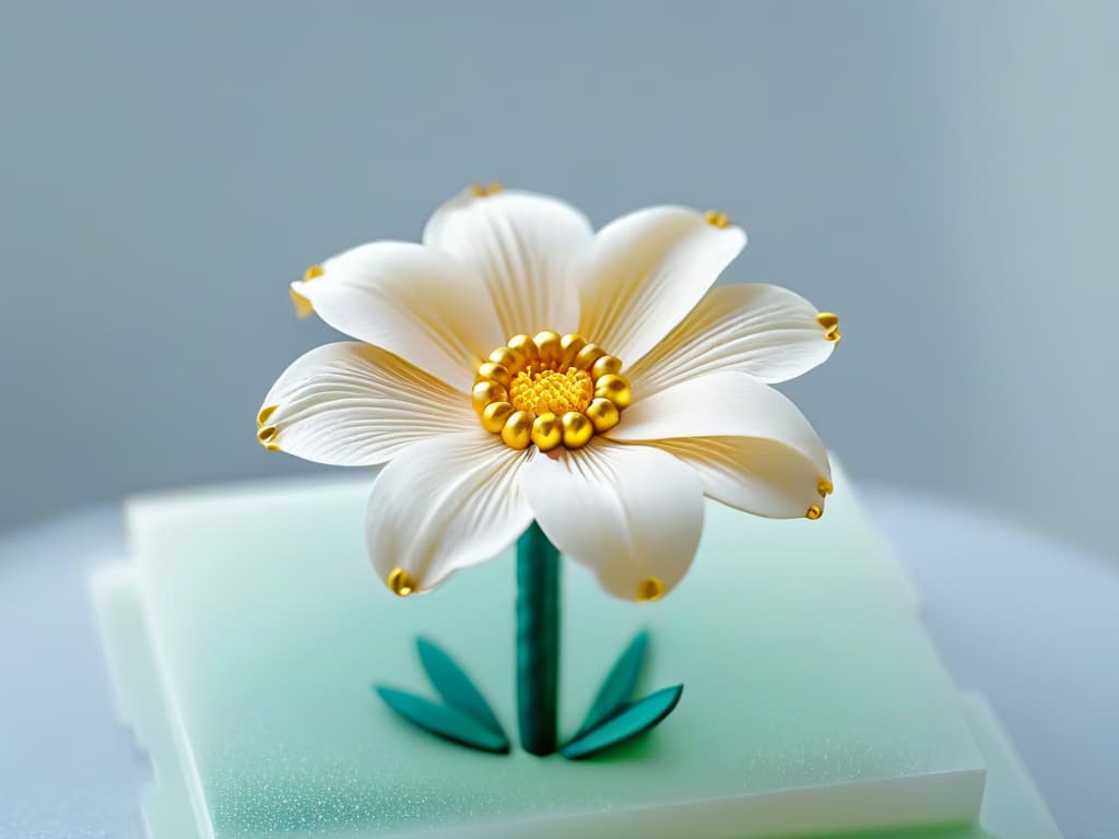  A closeup, ultradetailed image of a delicate, handcrafted sugar flower with intricate layers and shimmering gold accents, set against a stark white background to emphasize its beauty and craftsmanship. hyperrealistic, full body, detailed clothing, highly detailed, cinematic lighting, stunningly beautiful, intricate, sharp focus, f/1. 8, 85mm, (centered image composition), (professionally color graded), ((bright soft diffused light)), volumetric fog, trending on instagram, trending on tumblr, HDR 4K, 8K