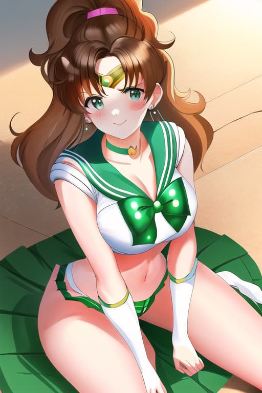  bikini and sit on her bad,(sailor jupiter:1.3), (masterpiece), (highest quality), (intricate), (high detail)