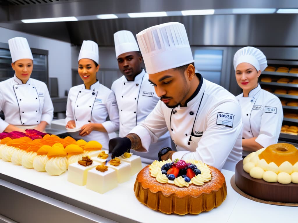  An ultradetailed image of a diverse group of pastry chefs from different cultural backgrounds, each wearing a crisp white chef's uniform and focused on creating intricate international pastries in a sleek, modern kitchen filled with an array of colorful ingredients and tools. The chefs are engrossed in their craft, showcasing a harmonious blend of culinary expertise and cultural diversity, symbolizing the essence of online certifications in international pastry artistry. hyperrealistic, full body, detailed clothing, highly detailed, cinematic lighting, stunningly beautiful, intricate, sharp focus, f/1. 8, 85mm, (centered image composition), (professionally color graded), ((bright soft diffused light)), volumetric fog, trending on instagram, trending on tumblr, HDR 4K, 8K