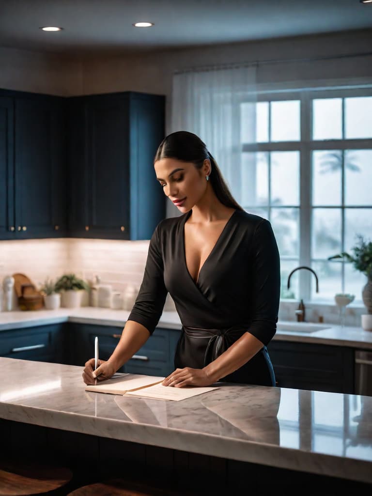  Portrait photo of a woman standing frozen in her dimly lit kitchen, staring at a note on the counter, with soft ambient lighting, from a front facing angle, evoking tension and intrigue. hyperrealistic, full body, detailed clothing, highly detailed, cinematic lighting, stunningly beautiful, intricate, sharp focus, f/1. 8, 85mm, (centered image composition), (professionally color graded), ((bright soft diffused light)), volumetric fog, trending on instagram, trending on tumblr, HDR 4K, 8K