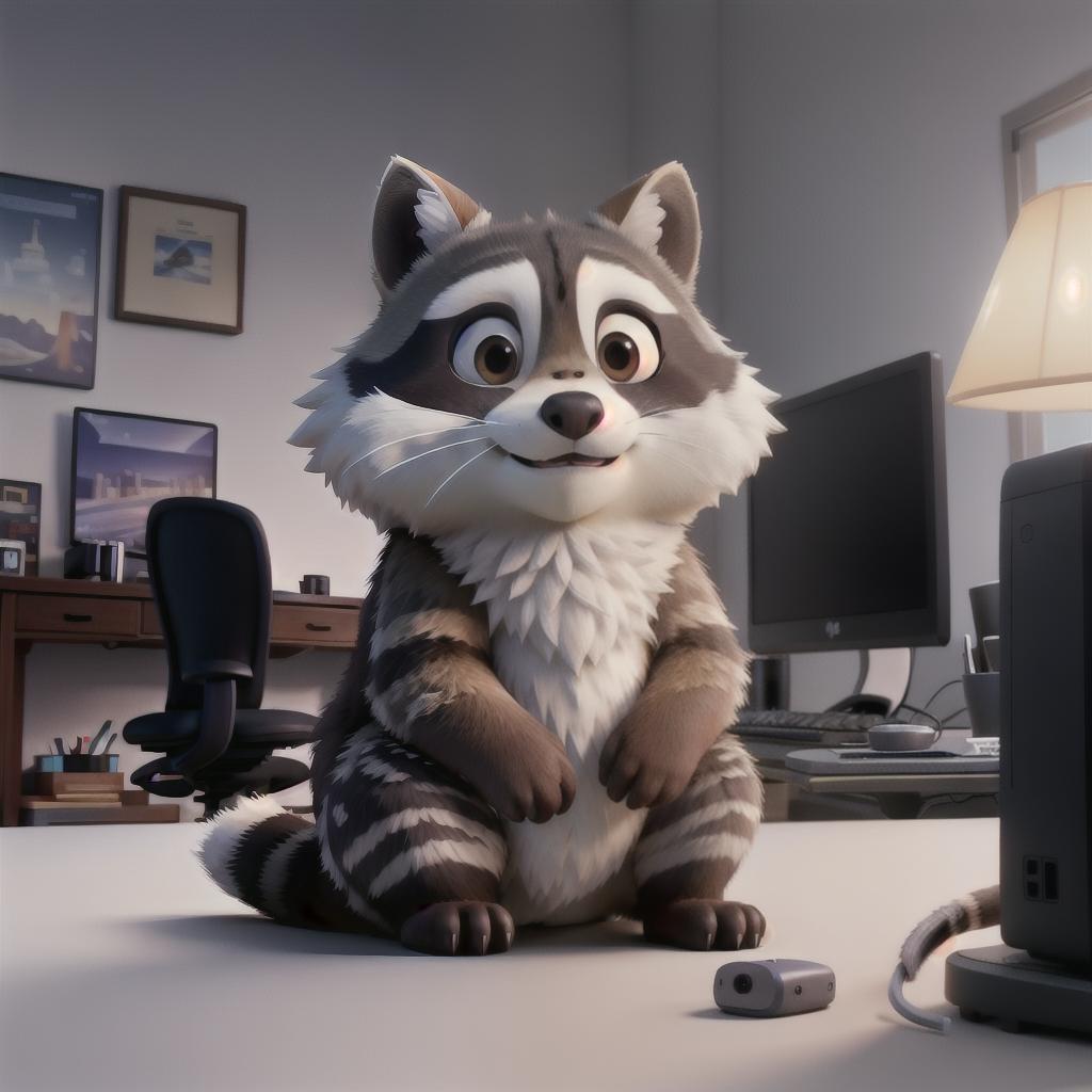  raccoon sitting in gaming chair front a computer on desktop, ((semi anthropomorphic)),(full body), tail, belly, sitting, fat, (chubby), (((white background))), solo, desktop, gaming chair, side view,  [[[clothes]]] hyperrealistic, full body, detailed clothing, highly detailed, cinematic lighting, stunningly beautiful, intricate, sharp focus, f/1. 8, 85mm, (centered image composition), (professionally color graded), ((bright soft diffused light)), volumetric fog, trending on instagram, trending on tumblr, HDR 4K, 8K