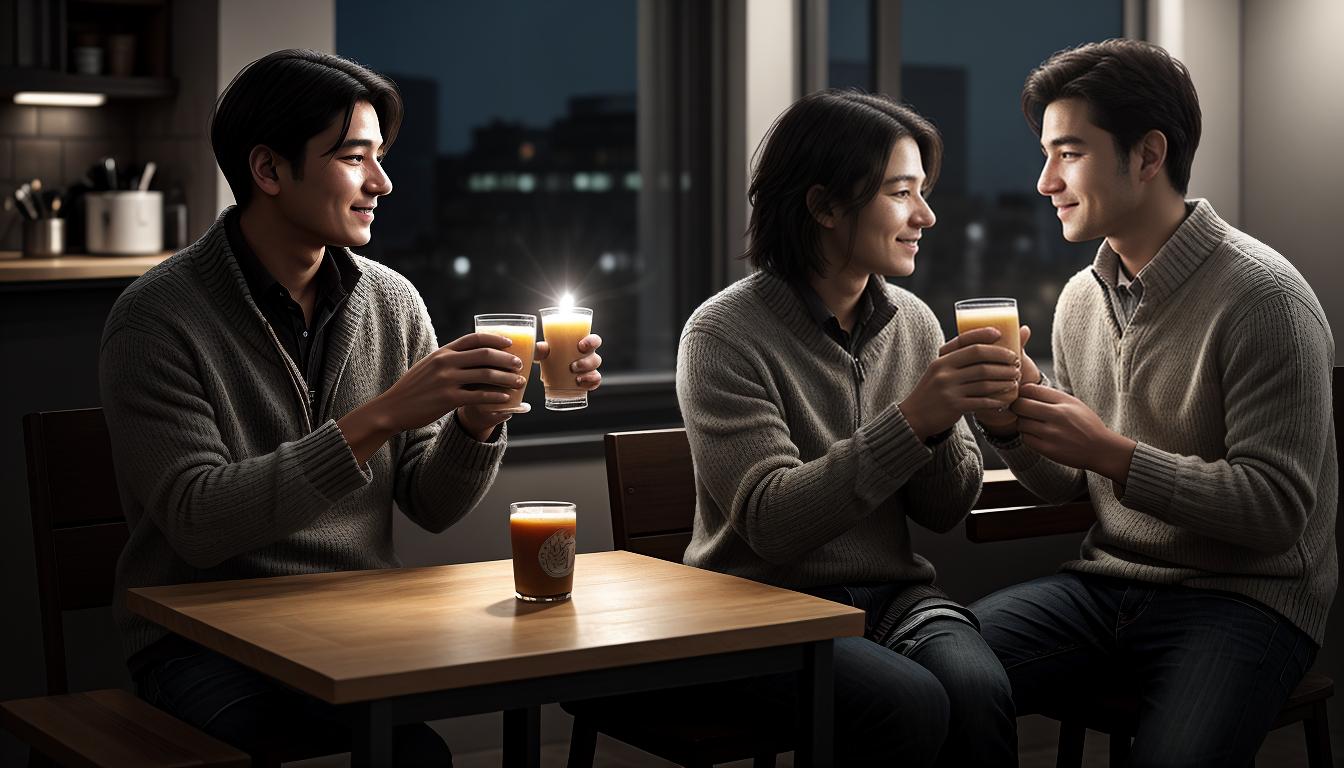  digital illustration, 1woman and 1man sitting closely, without tools, sharing a warm drink, warm lighting, sense of mutual respect and emotional bonding, looking at viewer, dynamic pose, (intricate details, masterpiece, best quality)