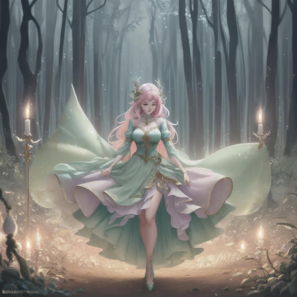 A 'shabby chic' style fantasy artwork showing a pastel coloured forest with a soft glow. Within this forest is a fairy with lovely freckles, dressed in a flowing dress and twirling around in a magical atmosphere. The entire image presents a magical fairytale abstract aesthetic in the ArtStation style.,8K, RAW, best quality, masterpiece, ultra high res, colorful, (medium wide shot), (dynamic perspective), sharp focus , (depth of field, bokeh:1.3), ((masterpiece, best quality)) hyperrealistic, full body, detailed clothing, highly detailed, cinematic lighting, stunningly beautiful, intricate, sharp focus, f/1. 8, 85mm, (centered image composition), (professionally color graded), ((bright soft diffused light)), volumetric fog, trending on instagram, trending on tumblr, HDR 4K, 8K