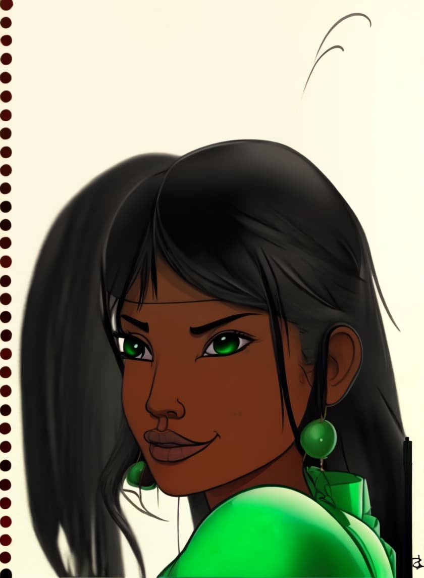  dark skinned kelly hu a disney jasmin wearing a green sleeveless dress with green eyes drawn in the style of 2-d disney animation