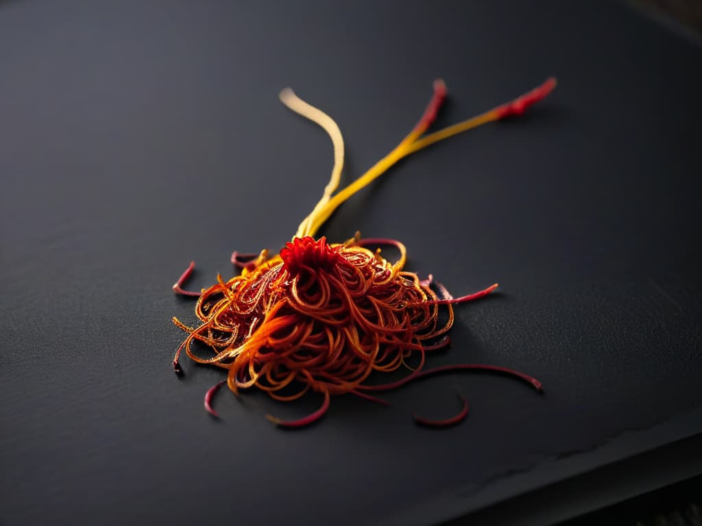  An ultradetailed image of vibrant red saffron threads delicately placed on a sleek, matte black surface, with a scattering of golden saffron stamens interspersed among them. The threads are illuminated by a soft, natural light, casting intricate shadows that highlight their delicate texture and rich color. Each thread is perfectly aligned, creating a visually striking and minimalist composition that conveys the luxurious and highquality nature of saffron. hyperrealistic, full body, detailed clothing, highly detailed, cinematic lighting, stunningly beautiful, intricate, sharp focus, f/1. 8, 85mm, (centered image composition), (professionally color graded), ((bright soft diffused light)), volumetric fog, trending on instagram, trending on tumblr, HDR 4K, 8K