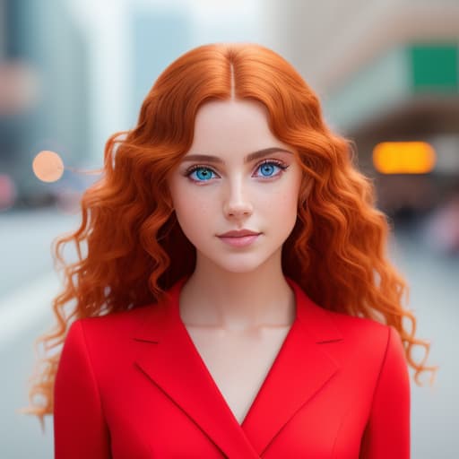  A young woman with long, curly auburn hair stands at the edge of a bustling city street, her eyes alight with excitement. She’s dressed in a vibrant red dress her hand raised in a wave as she spots a friend in the distance ,ultra realistic ,hyper detail, cinematic lighting,, Canon EOS R3, nikon, f/1.4, ISO 200, 1/160s,  RAW, unedited, symmetrical balance, in-frame, dslr, ultra quality, sharp focus, tack sharp, dof, film grain, Fujifilm XT3, crystal clear, 8K UHD, highly detailed glossy eyes, high detailed skin, skin pore
