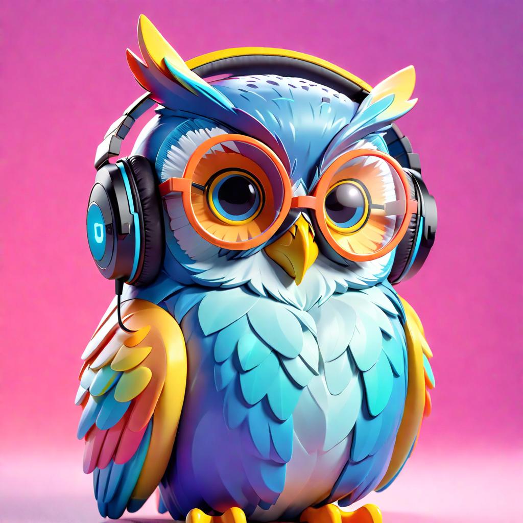  gamer owl, wearing headphones, wearing spectacles, 3d, vibrant colours, smart look, minimalist style, gradient background