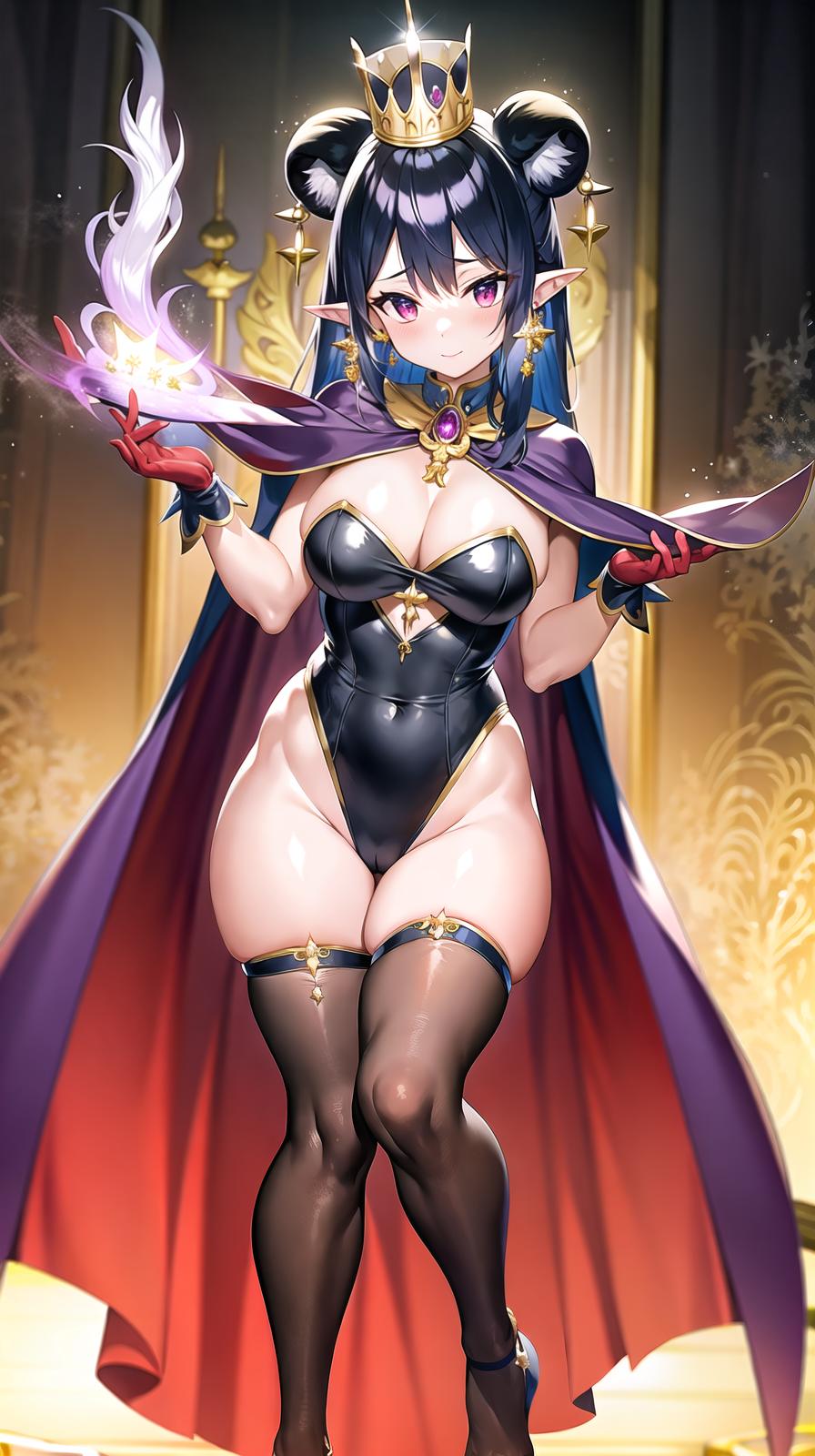  master piece , best quality,Beautiful with beast ears, big s, beast tail, angel wings, two side up hair, crown, jewelry, earrings, witch hat, magic wand, cape, ribbon, leotard, gloves, red costume, full body