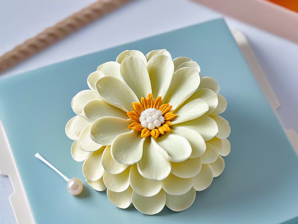  A closeup, ultradetailed image of a delicate, intricate sugar flower in soft pastel colors, showcasing the fine craftsmanship and artistic detail that embodies the emerging trends in pastry decoration for 2022. The flower appears almost lifelike, with each petal and stamen meticulously defined, exuding elegance and sophistication. The background is a subtle, muted tone to emphasize the beauty and complexity of the sugar artwork, perfectly aligning with the minimalistic aesthetic sought for the article. hyperrealistic, full body, detailed clothing, highly detailed, cinematic lighting, stunningly beautiful, intricate, sharp focus, f/1. 8, 85mm, (centered image composition), (professionally color graded), ((bright soft diffused light)), volumetric fog, trending on instagram, trending on tumblr, HDR 4K, 8K