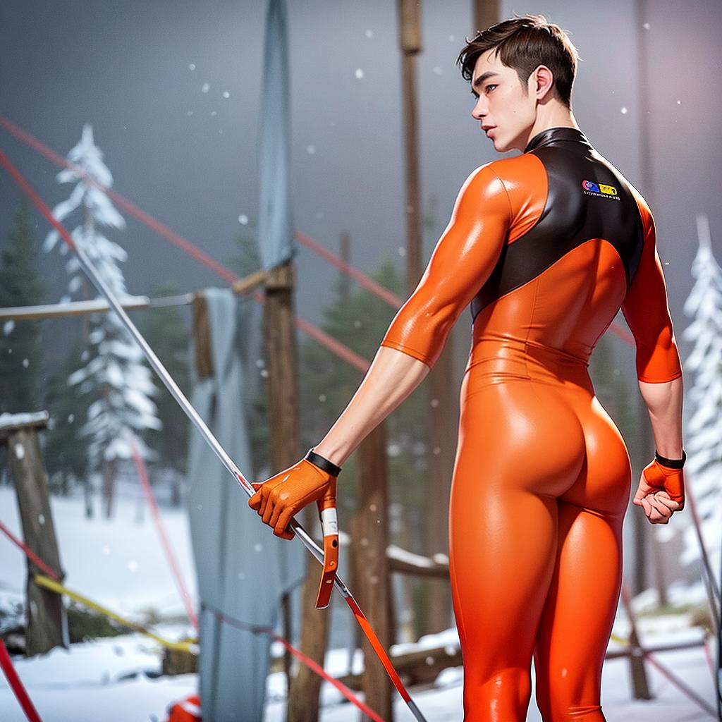  The male guy wearing a orange and red snow tight suit tightness around the big butt cheeks He is about to go skiing down the steep slope it’s snowing and the snow everywhere and trees to, nonplussed