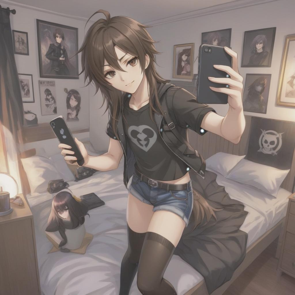  anime hot young boy long brown hair, dressed in black crop top, high knee socks, short jeans and with goth makeup taking selfie and smiling in his bedroom daylight hyperrealistic, full body, detailed clothing, highly detailed, cinematic lighting, stunningly beautiful, intricate, sharp focus, f/1. 8, 85mm, (centered image composition), (professionally color graded), ((bright soft diffused light)), volumetric fog, trending on instagram, trending on tumblr, HDR 4K, 8K