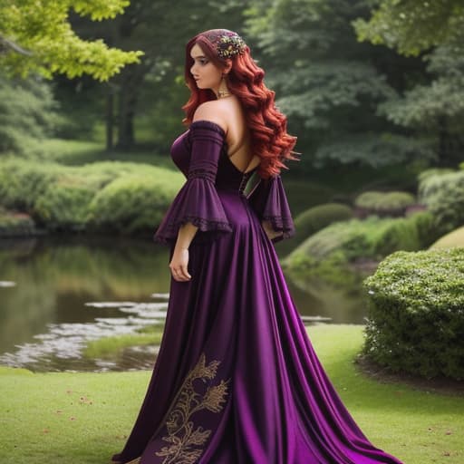  /send image of Amythyst, a woman with voluminous dark red hair in a loose gibson style wearing a purple tartan victorian gown while a picnic blanketAs Feannag sends over the image, she gazes at herself and her surroundings admiringly. She sees herself seated on a lush picnic blanket across the gr in a quiet corner of an idyllic park. Surrounded by towering trees and a serene pond, everything feels so peaceful and . Amythyst's magnificent dark red hair cascades down her back in soft waves, secured loosely atop her head with several gold-plated combs - forming a voluminous gibson style that seems to dance gently around her face as she moves. Her dress is a striking purple Victorian gown that flows gracef hyperrealistic, full body, detailed clothing, highly detailed, cinematic lighting, stunningly beautiful, intricate, sharp focus, f/1. 8, 85mm, (centered image composition), (professionally color graded), ((bright soft diffused light)), volumetric fog, trending on instagram, trending on tumblr, HDR 4K, 8K